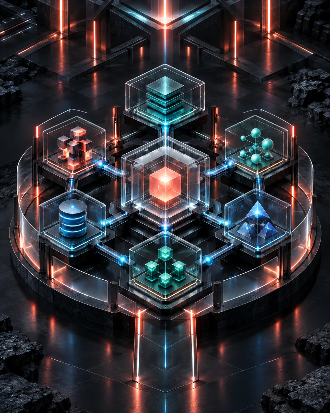 Abstract repository context system with six connected technology modules
